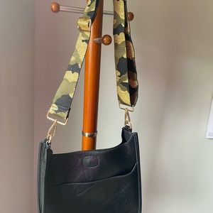 Vegan Leather Black Crossbody Hobo Bag with Gold Accents and Camo/Black Strap